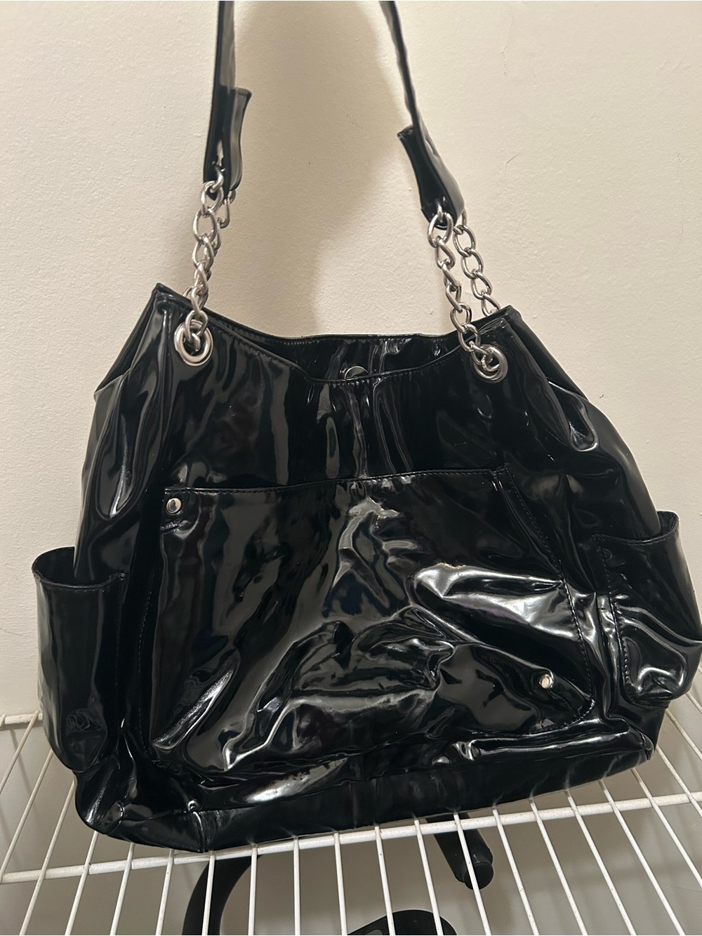 Black Patent Shoulder Tote Bag with Chain Handles